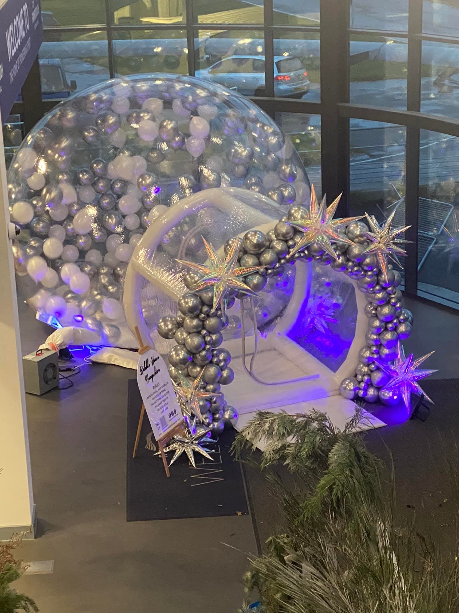 10-foot bubble house with silver garland entrance