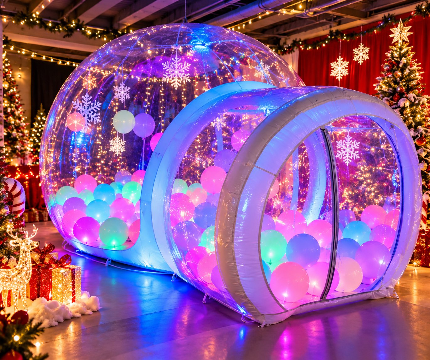 Glow-in-the-dark bubble house with Christmas lights