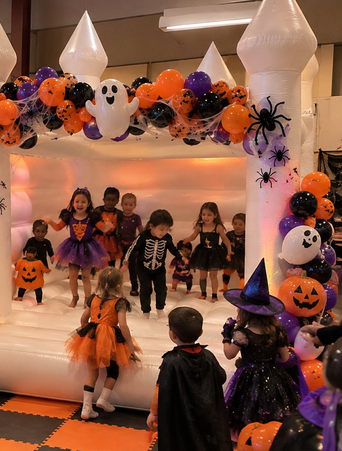 Dream White Bounce House with Halloween decorations